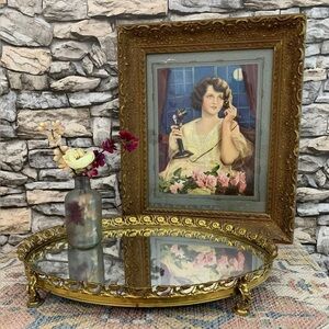 Vintage Cherubs Hollywood Regency Angel Filigree Gilt Vanity Plateau Mirror Tray